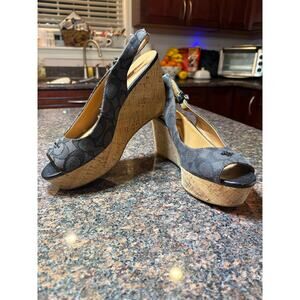 COACH Black Gray Jacquard Logo Cork Wedge Heel 8.5 Peep Toe Slingback Sandal